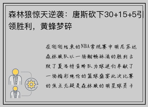 森林狼惊天逆袭：唐斯砍下30+15+5引领胜利，黄蜂梦碎