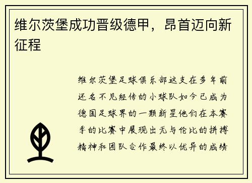 维尔茨堡成功晋级德甲，昂首迈向新征程