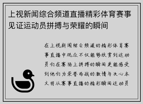 上视新闻综合频道直播精彩体育赛事见证运动员拼搏与荣耀的瞬间