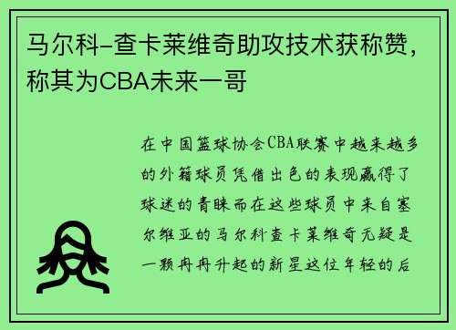 马尔科-查卡莱维奇助攻技术获称赞，称其为CBA未来一哥